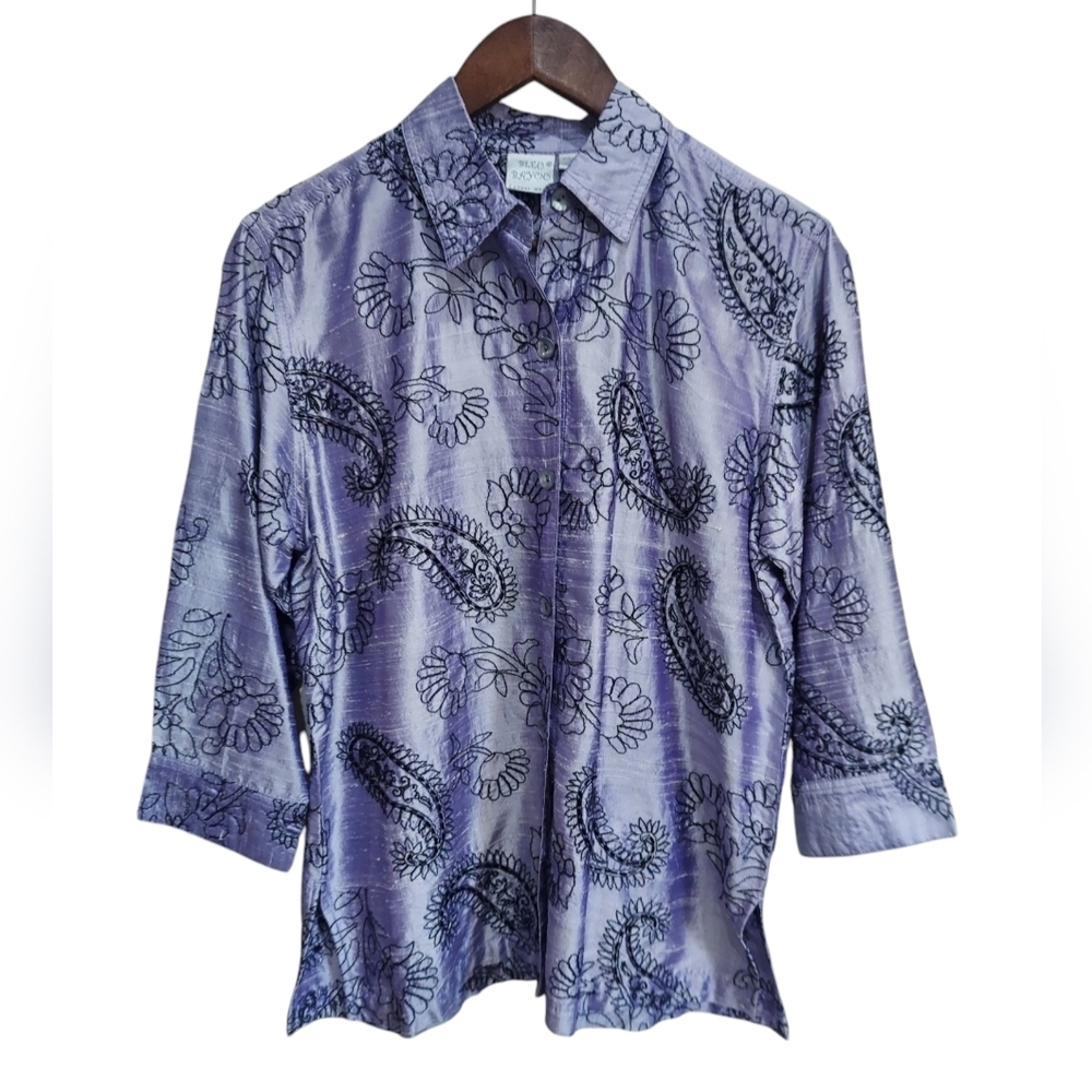 Bleu Bayou Silk Floral Paisley Beaded Blouse
